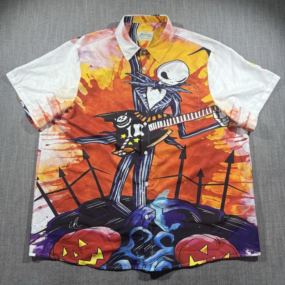 Hawaiian Shirts Jack Skellington Graphic Shirt Mens 2XL Halloween‎ Button Up